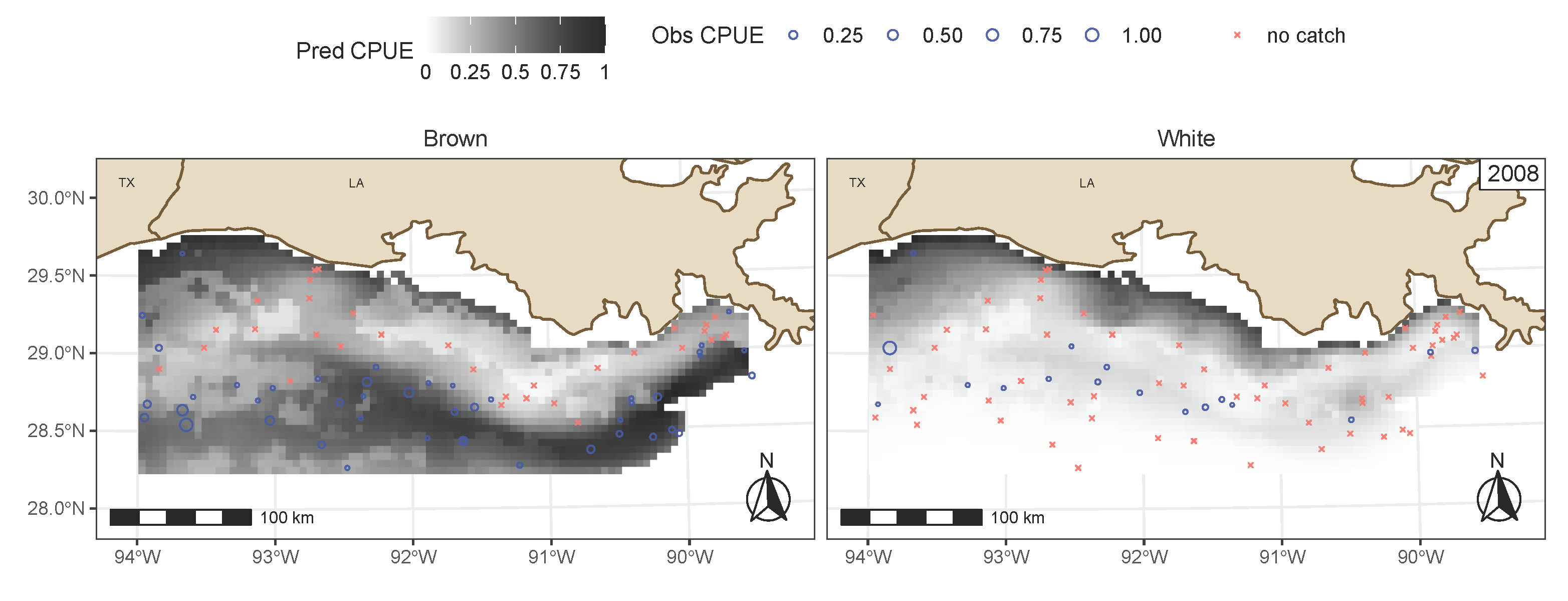 Scaled (by July maximum) predicted (shades of grey) and observed (blue circles) abundance (CPUE, catch per unit effort) of Brown and White Shrimp using delta-lognormal approach for July 2008 